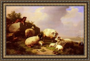 A Shepherd And His Dog Guarding a Flock of Sheep Framed Paintings - Guarding The Flock By The Coast by Eugene Verboeckhoven