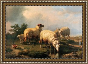 Whiteback Chicken Framed Paintings - Sheep And A Chicken In A Landscape by Eugene Verboeckhoven