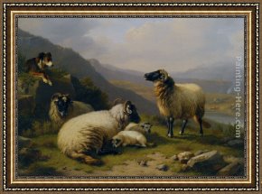 A Shepherd And His Dog Guarding a Flock of Sheep Framed Paintings - Sheep dog guarding his flock by Eugene Verboeckhoven