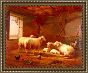 Whiteback Chicken Framed Paintings - Sheep With Chickens And A Goat In A Barn by Eugene Verboeckhoven