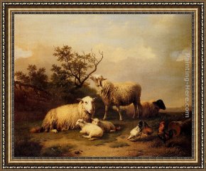 Ponies, a Calf And Poultry in a Farmyard Framed Paintings - Sheep With Resting Lambs And Poultry In A Landscape by Eugene Verboeckhoven