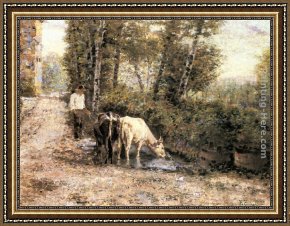 Pools of Serenity Framed Paintings - Cows Watering at a Quiet Pool by Eugenio Zampighi