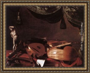 Classical Framed Paintings - Still-Life with Musical Instruments and a Small Classical Statue by Evaristo Baschenis