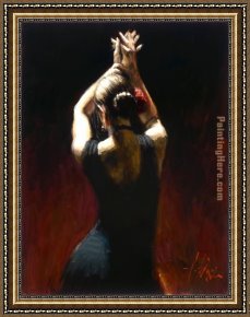 Flamenco Dancer with Fan Framed Paintings - flamenco dancer in black Dress by Fabian Perez
