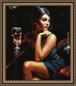 A Bouquet of Roses And Other Flowers in a Glass Goblet with a Chinese Lacquer Box And a Nautilus Cup on a Red Velvet Draped Table Framed Paintings - Saba with a glass of red wine by Fabian Perez