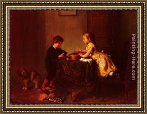 Guitar with Clarinet Framed Paintings - Children Playing with a Guitar by Felix Schlesinger