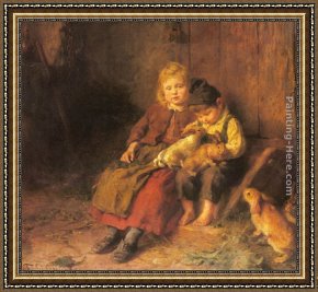Playing Framed Paintings - Two Children Playing with Rabbits by Felix Schlesinger