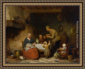 Musician's Table Framed Paintings - A Peasant Family Gathered Around the Kitchen Table by Ferdinand de Braekeleer