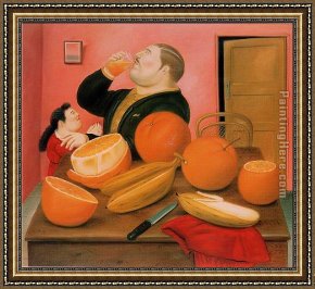 Man with Scythe Framed Paintings - Man drink Orange Juice by Fernando Botero