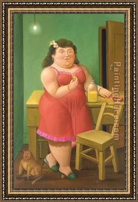 Woman with a Parasol 1 Framed Paintings - Woman Drinking With Cat by Fernando Botero
