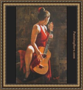 Flamenco Dancer with Fan Framed Paintings - Sexy Flamenca Guitar Flamenco Dancer David Silvah by Flamenco Dancer