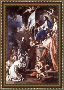 Receiving The News Framed Paintings - St Bonaventura Receiving the Banner of St Sepulchre from the Madonna by Francesco Solimena