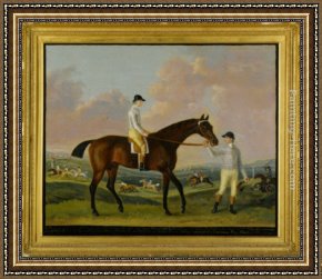 Group of Horses Framed Paintings - Portrait of Henry Comptons Race Horse Cottager Held by a Groom with Jockey and a Race Beyond by Francis Sartorius