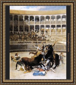 Francisco Framed Paintings - Picador Caught by the Bull by Francisco de Goya