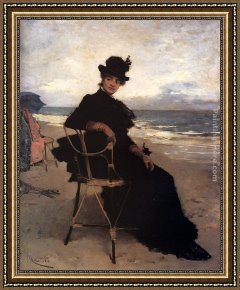 Miralles Framed Paintings - A Lady Seated On A Veranda by Francisco Miralles