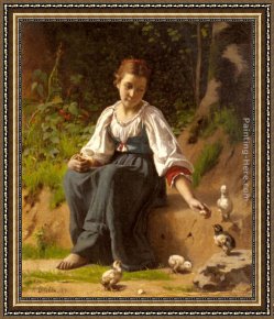 Feeding Framed Paintings - A Young Girl feeding Baby Chicks by Francois Alfred Delobbe