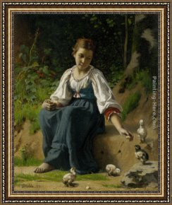 Feeding Framed Paintings - Young Girl Feeding the Baby Chicks by Francois Alfred Delobbe