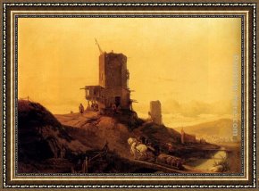 Antoine Framed Paintings - A Hill With An Arab Windmill Under Construction, A Town In The Distance by Francois Antoine Bossuet