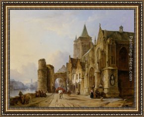 Village Street And Stairs with Figures Framed Paintings - Figures in the Streets of a Riverside Town by Francois Antoine Bossuet