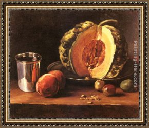 Still Life with Melon And Peaches Framed Paintings - Still life with a Pumpkin, Peaches and a Silver Goblet on a Table Top by Francois Bonvin