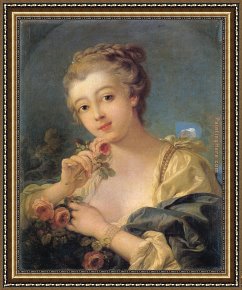 Woman with a Parasol 1 Framed Paintings - Young Woman with a Bouquet of Roses by Francois Boucher