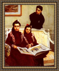 Her Favorite Book Framed Paintings - Family Portrait of a Boy and his two Sisters admiring a Sketch Book by Francois Flameng
