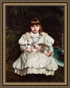 Young Girl Reading Framed Paintings - Portrait of a Young Girl Holding a Pet Rabbit by Frank Holl