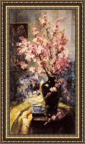 Floral Still Life in a Blue And White Porcelain Vase Framed Paintings - Apple Blossoms and Blue and White Porcelain on a Table by Frans Mortelmans