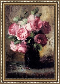 The Broken Vase Framed Paintings - Pink Roses In A Vase by Frans Mortelmans