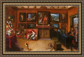 Making Framed Paintings - A Picture Gallery With A Man Of Science Making Measurements On A Globe by Frans the younger Francken