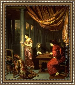 Frans Van Mieris Framed Paintings - Interior with figures playing Tric Trac by Frans van Mieris