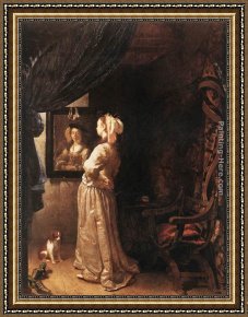 Frans Van Mieris Framed Paintings - Woman before the mirror - detail by Frans van Mieris