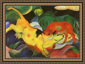 Yellow Framed Paintings - Cows Yellow Red Green by Franz Marc