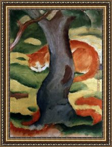 Hund Fuchs Und Katze Framed Paintings - Katze unter einem Baum by Franz Marc