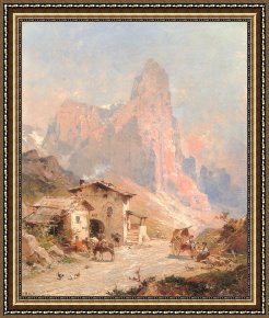 Village Street And Stairs with Figures Framed Paintings - Figures in a Village in the Dolomites by Franz Richard Unterberger