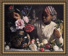 African Framed Paintings - African woman with Peonies by Frederic Bazille