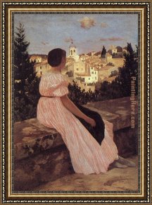 Frederic Bazille Framed Paintings - The Pink Dress by Frederic Bazille