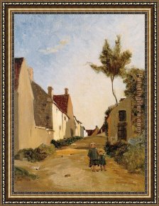 Village Street And Stairs with Figures Framed Paintings - Village Street by Frederic Bazille