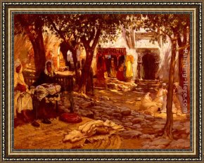 A Mediterranean Courtyard Framed Paintings - An Eastern Courtyard by Frederick Arthur Bridgman