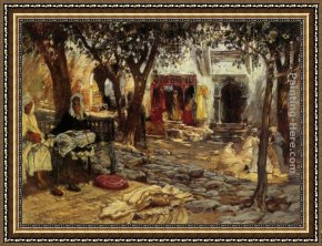 A Mediterranean Courtyard Framed Paintings - Idle Moments An Arab Courtyard by Frederick Arthur Bridgman