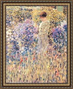 Lady in Her Boudoir Framed Paintings - Lady in a Garden by Frederick Carl Frieseke