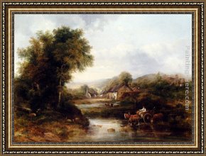 George Frederick Watts Framed Paintings - An Extensive River Landscape With A Drover In A Cart With His Cattle by Frederick Waters Watts