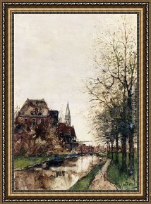 Julius Jacobus Van De Sande Bakhuyzen Framed Paintings - A Fisherman In His Boat On A Canal by Fredericus Jacobus Van Rossum Chattel