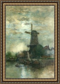 Julius Jacobus Van De Sande Bakhuyzen Framed Paintings - A Moonlit Windmill by Fredericus Jacobus Van Rossum Chattel