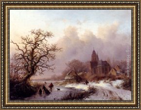 A Winter Landscape with Skaters Near a Village Framed Paintings - A Frozen Winter Landscape by Frederik Marianus Kruseman