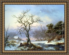 A Winter Landscape with Skaters Near a Village Framed Paintings - Faggot Gatherers in a Winter Landscape by Frederik Marianus Kruseman