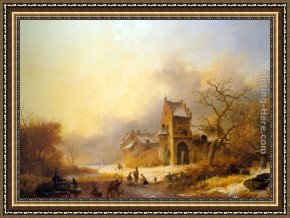 A River Landscape in Springtime Framed Paintings - Figures on a frozen river in a winter landscape by Frederik Marianus Kruseman