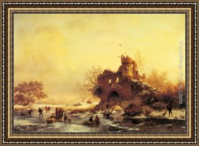 A River Landscape in Springtime Framed Paintings - Winter Landscape with Skaters on a Frozen River beside Castle Ruins by Frederik Marianus Kruseman