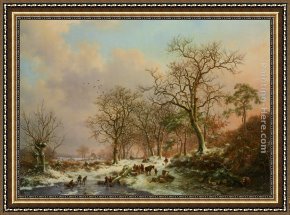 A Wooded Landscape Framed Paintings - Wood gatherers in a winter landscape with a castle beyond by Frederik Marianus Kruseman