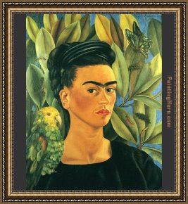 Fridakahlo-self-portrait-1930 Framed Paintings - FridaKahlo-Self-Portrait-with-Bonito-1941 by Frida Kahlo